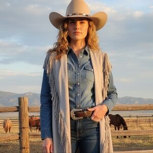 Gray Fringe Suede Shawl Vest One Size Fits All